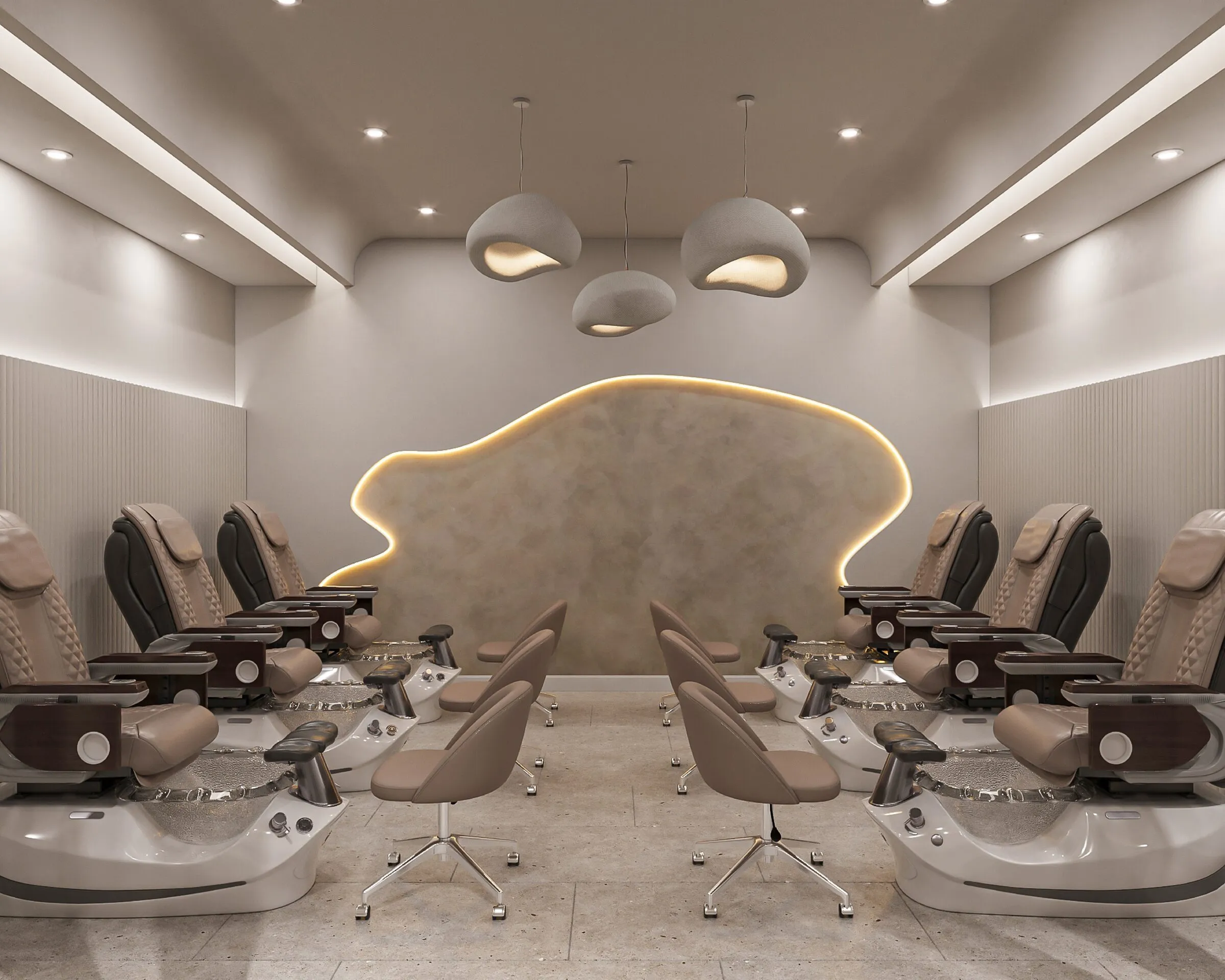 Architectural rendering of the Aria Nail Bar Arcadia pedicure lounge with a sculpted backlit feature wall.